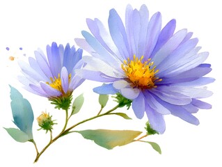 Delicate watercolor painting of two vibrant blue daisy flowers with bright yellow centers and green stems on a clean white background displayed.