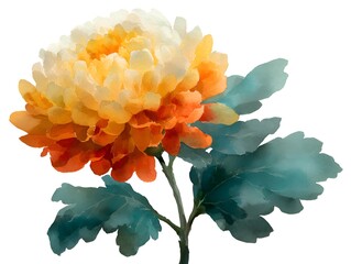 An exquisite watercolor painting captures the delicate beauty of a vibrant chrysanthemum blossom with its intricate petals and colorful leaves.