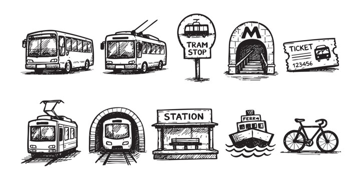 Hand-drawn illustration showing various public transport icons including bus, tram, train, station, boat, and bicycle in a sketchy, vintage style for design use.
