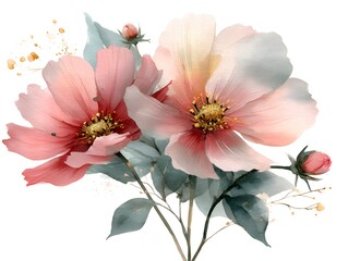 A delicate watercolor painting showcases two beautiful pink blossoms with golden centers and soft blue-gray leaves on a crisp white background.