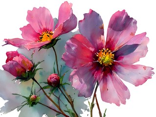 Delicate pink cosmos flowers are beautifully rendered in a painterly watercolor style, presented on a clean white background for artistic appeal.