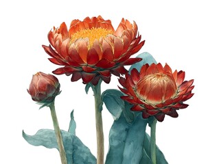Watercolor illustration of three strawflower blooms featu red petals, yellow centers, and subtle blue leaves, isolated on a white background.