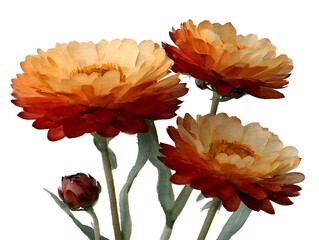 Vibrant watercolor painting showcases calendula flowers with rich orange and reddish hues against a clean, bright, transparent background setting.