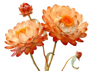 Watercolor illustration of two strawflowers with orange petals and yellow centers alongside buds on white background creating a floral design.