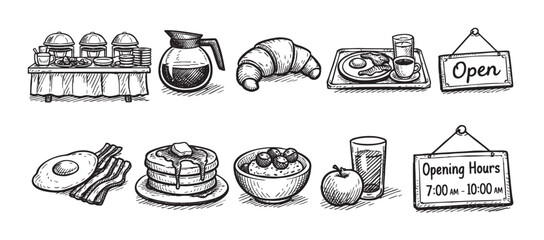 Hand drawn illustration of a breakfast buffet, coffee, croissant, and signs indicating "open" and opening hours, in a sketchy style.