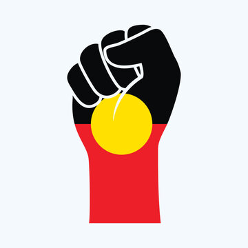 Clenched fist in Australian Aboriginal Flag colors vector illustration. Australian Aboriginal hand raised fist icon isolated on a gray background. Australian Aboriginal flag fist protest symbol