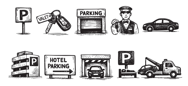 Hand drawn illustrations depict valet parking, garages, towing service, with keys, attendants, and signs, in a vintage sketched style.