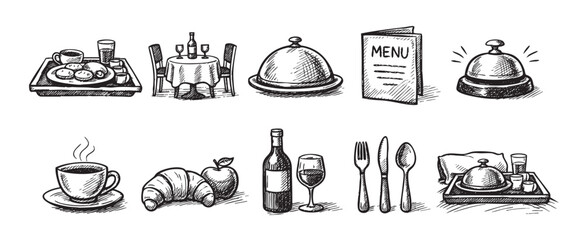 Black and white sketch illustration of hotel restaurant related icons showcasing dining, service, and amenities in a simple, elegant style.