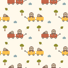 Fototapeta premium Sloth in trolley cartoon so cute. On tree cloud leaf background. Pattern seamless vector illustration. 