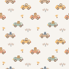 Hippopotamus bear lion monkey in racing car cartoon so cute. On flag trophy background. Pattern seamless vector illustration.  © Therdsak