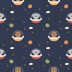 Naklejka premium Koala bear in ufo cartoon so cute. On star cloud planet background. Pattern seamless vector illustration. 