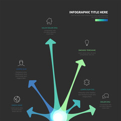 Obraz premium A modern business infographic template features colorful arrows pointing to icons. This sleek infographic template displays six data points with vibrant arrows on a dark background.
