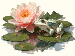 Artistic watercolor painting showcases a serene frog resting gracefully near a beautiful blooming pink water lily among green lily pads peacefully.