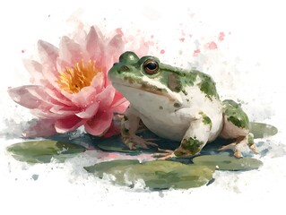 A vibrant watercolor painting shows a green frog resting peacefully beside a beautiful pink water lily on lily pads in a serene pond setting.