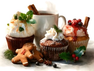 Watercolor painting depicts a cozy holiday scene with decorated cupcakes, gingerbread cookies, and a steaming mug of hot chocolate on a white