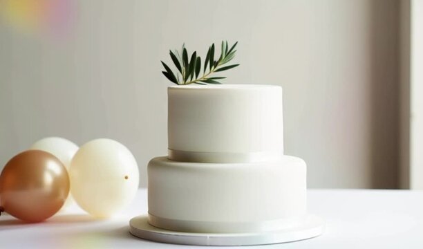 A sweet tiered cake with smooth white icing sits under soft eggshells and a plant, minimalistic kitchen ambiance, gentle lighting, 4K and HD.