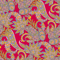 Seamless pattern with paisley ornament. Ornate floral decor for fabric. Vector illustration