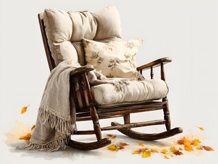 Cozy rocking chair with soft cushions and blanket stands invitingly amidst scattered autumn leaves on a bright neutral background indoors at home.