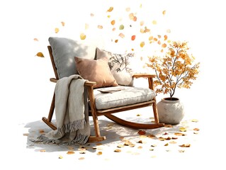 A cozy rocking chair with pillows and a blanket sits beside a potted autumn tree as colorful leaves gently fall, creating a peaceful scene.