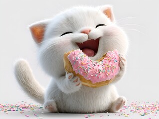 A cute and fluffy white kitten joyfully eats a pink donut with colorful sprinkles, expressing pure happiness and contentment on white background.