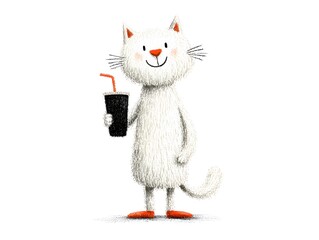 Adorable cartoon white cat happily holds a beverage in a cup with a straw, against a clean white background illustration, very cute art.