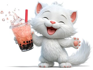 An adorable white cartoon kitten with bright eyes is holding a refreshing bubble tea and smiling happily against a white background.