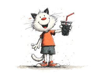 A cheerful cartoon cat wea a shirt and shorts holds up a drink with a straw while standing on a white background with splatters.