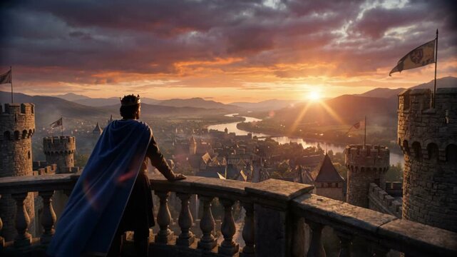 A king watches over his kingdom from a castle balcony at sunset. Epic fantasy scene of a medieval ruler looking at a city by the river. Cinematic animation of leadership and power