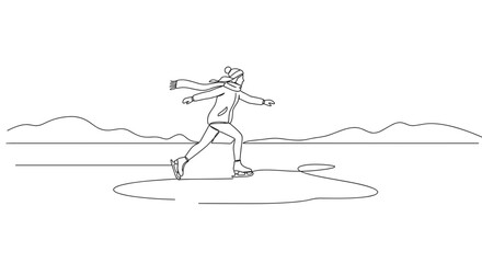 Fototapeta premium Line drawing of a person skating on a rock in a scenic outdoor landscape with mountains in the background on a transparent background