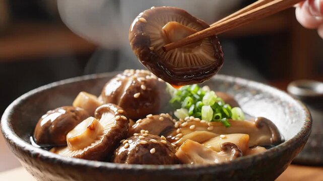 Close up of cooked mushrooms in a bowl with chopsticks
