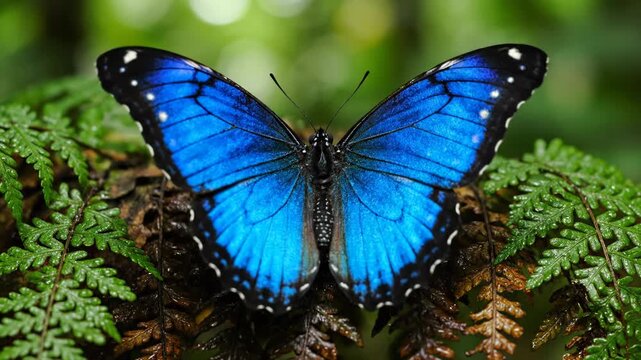 Blue Morpho Butterfly on Green Foliage, Close-up, Nature Photography
