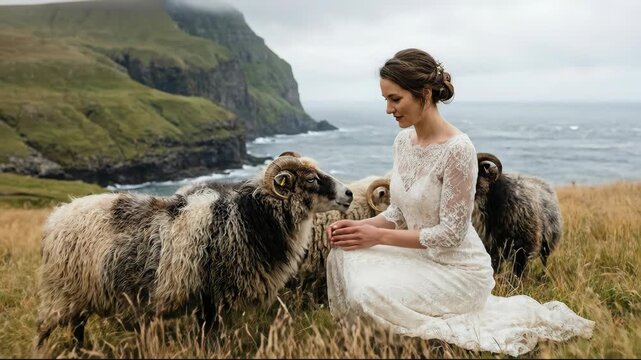 Woman in wedding dress feeding ram and sheep in green coastal landscape of Faroe Islands during adventure wedding footage