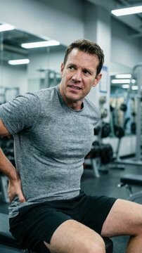 A muscular man sitting on a bench in the gym experiences sudden lower back pain. Athlete suffering from a muscle strain or workout injury. Health problem concept