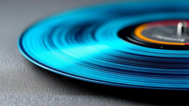 Blue vinyl record spins on turntable, showcasing vibrant grooves and label details, with textured surface and lighting enhancing visual appeal in a close-up view