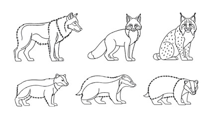 Animal Lineup Illustration: A collection of various wild animals in line art, highlighting their unique features and forms. © AJM
