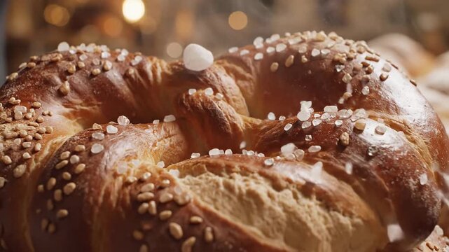 Close up of freshly baked bread with sugar crystals falling