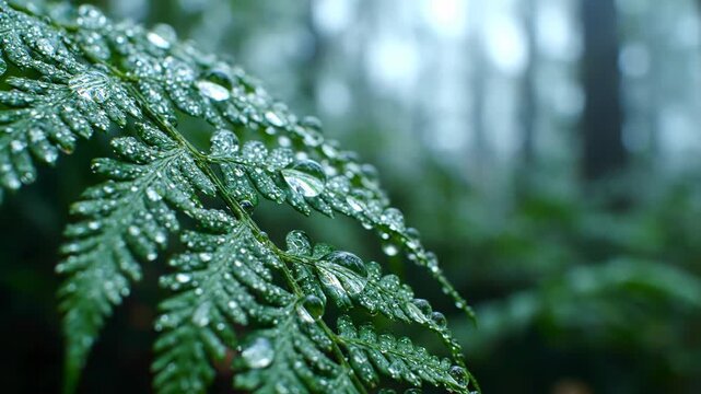 Dewy Fern Leaves in Forest, Close-up, Nature Background, Macro View