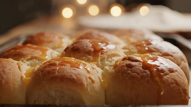 Close up of golden baked bread on baking sheet in soft lighting