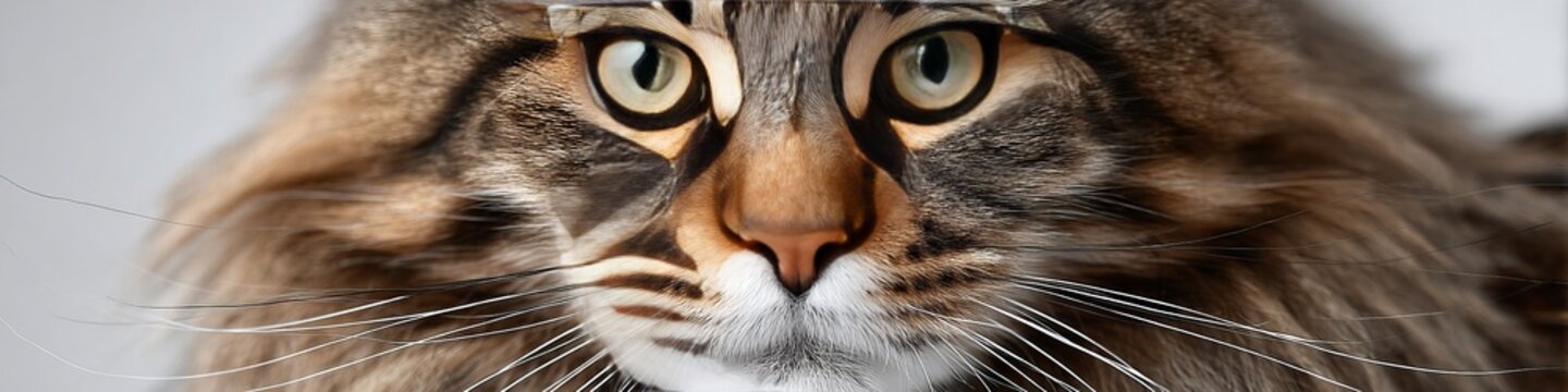 Maine Coon Cat Closeup, Charming Portrait with Expressive Eyes on a Soft Grey Background