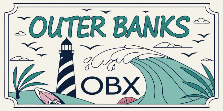 Outer Banks OBX Poster &ndash; Stylized Lighthouse, Wave & Surfboard in Teal Coastal Design, USA, United States