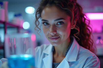 Professional woman scientist holding test tube. Female laboratory researcher with blue liquid. Confident woman chemist in modern lab. Women in science concept. Female scientist portrait for March 8