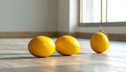 Three bright yellow lemons on a wooden floor near a window.