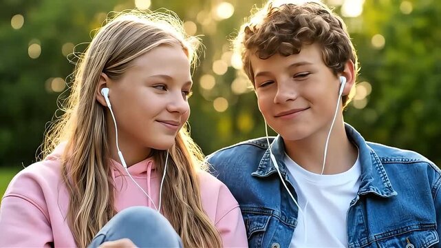 Two happy teenagers listening to music with earphones in a park at sunset.