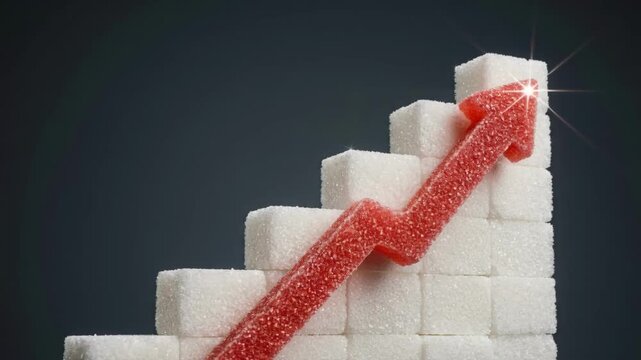 Bar graph made of white sugar cubes with a red sparkling arrow pointing up. Concept of rising blood sugar levels and diabetes risk. Unhealthy diet and high sugar consumption awareness