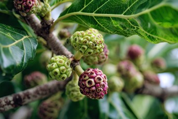 Noni plant featuring blossoms and mature fruit