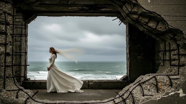 Woman in white wedding dress on exposed concrete balcony with dramatic ocean view in northern landscape footage