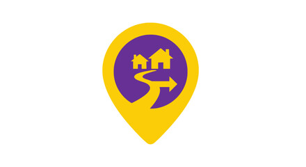 Obraz premium Home location map pin icon with winding path to houses. Real estate navigation symbol, journey to home, property search concept.