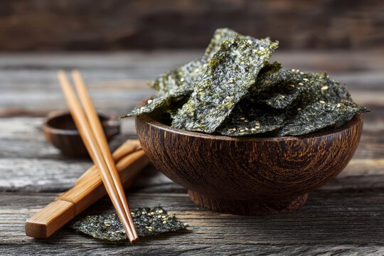 Nori chips on a wooden surface Asian food