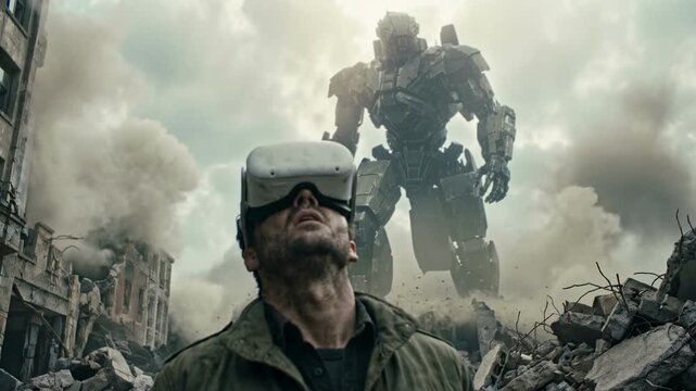 Man in VR headset looking up at a giant robot in a destroyed city. Immersive virtual reality gaming experience in a post-apocalyptic dystopian future. Science fiction concept