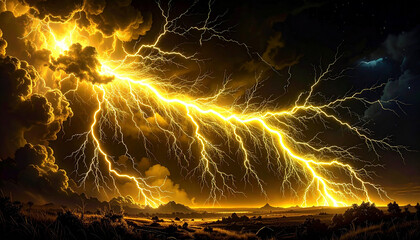 bright golden neon lightning in the sky